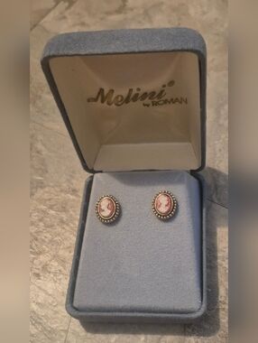 Vintage Melini Roman Cameo Stud Earrings Pink White Gold Tone Oval w/ Box